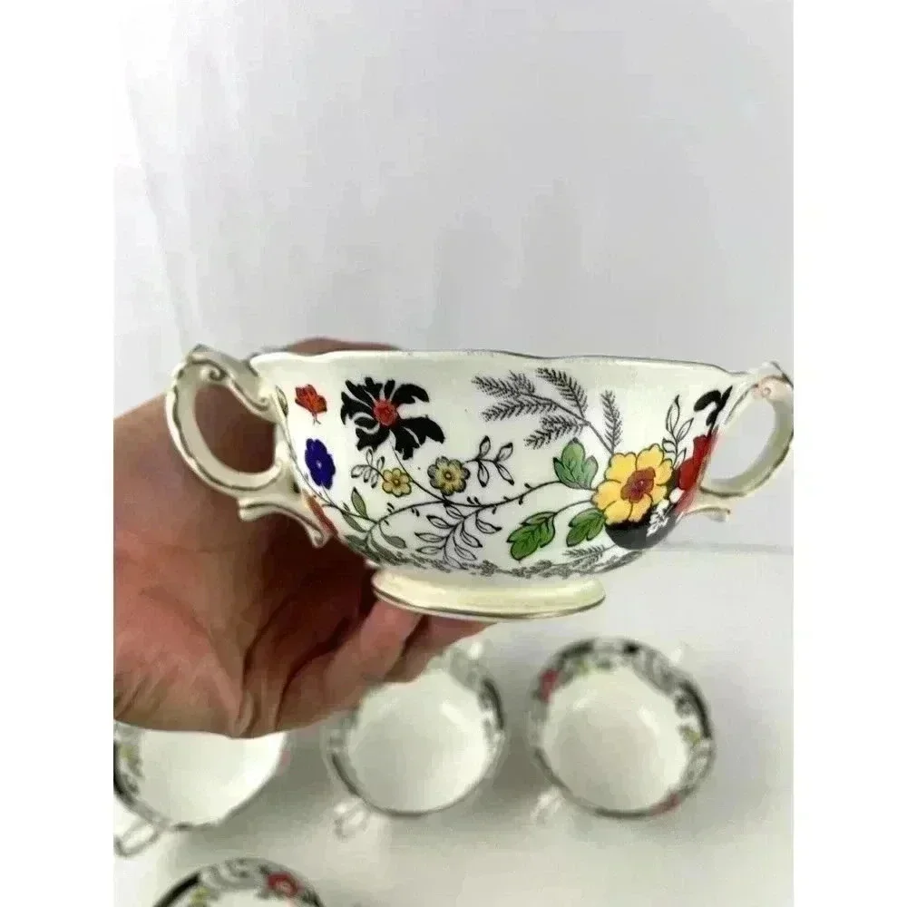 VTG Set of 5 Swansea Soup Dish Bowl Floral Pattern Bone China Canton‎ Gold Trim
